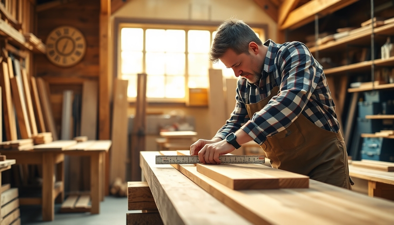Professional carpentry work showcasing detailed wood joinery in a well-lit workshop, highlighting craftsmanship and quality.