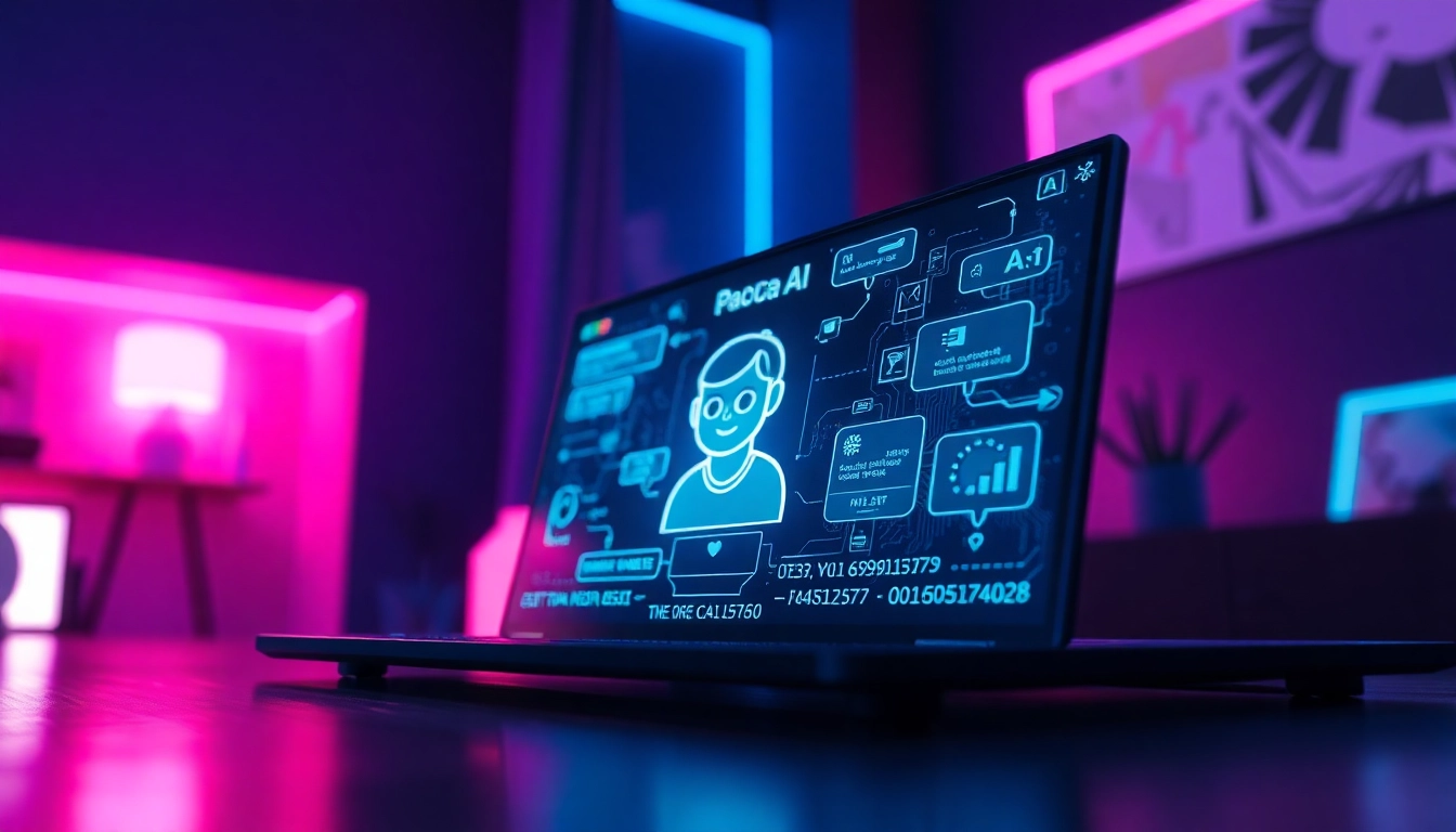 Futuristic digital AI interface with animated character on screen in a neon-lit room