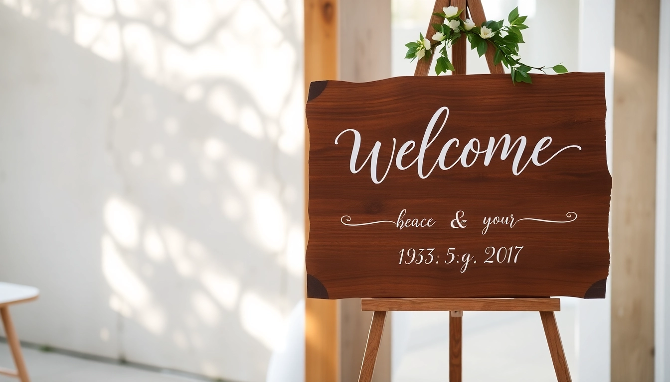 Beautiful wedding welcome sign with custom calligraphy and floral accents, perfect for outdoor wedding entrances, enhances guest experience.