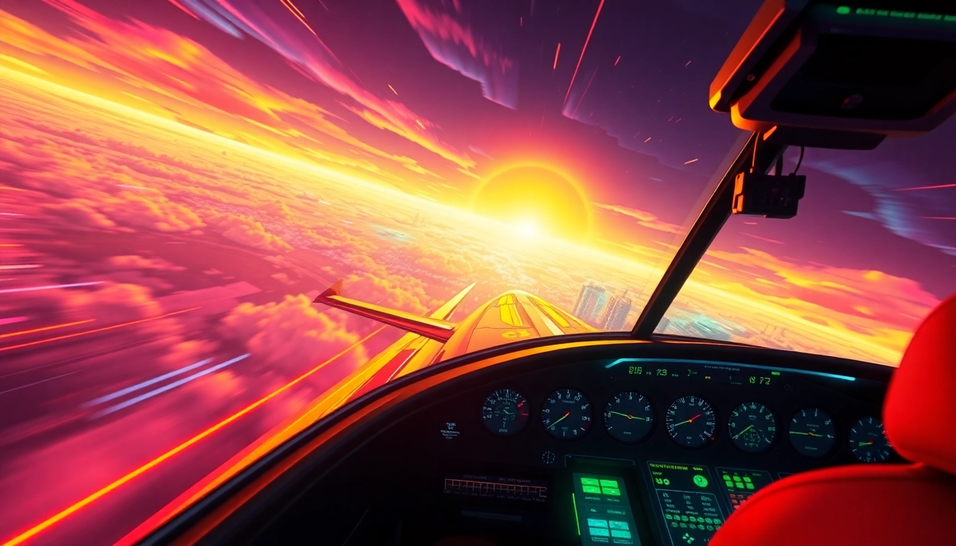 High-energy image showcasing Aviator Game with a pilot navigating vibrant skies, emphasizing excitement and skill in gameplay.