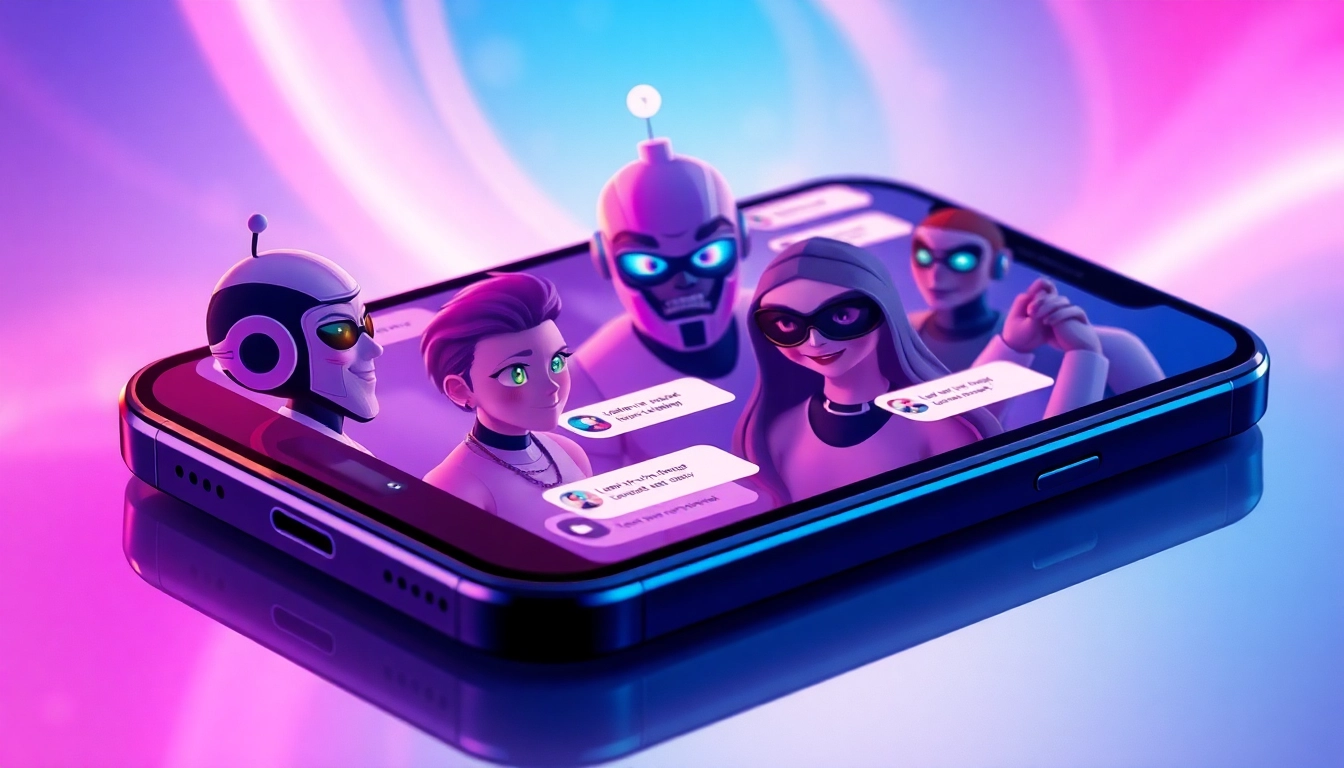 Futuristic smartphone displaying lively AI character chat interfaces with neon background