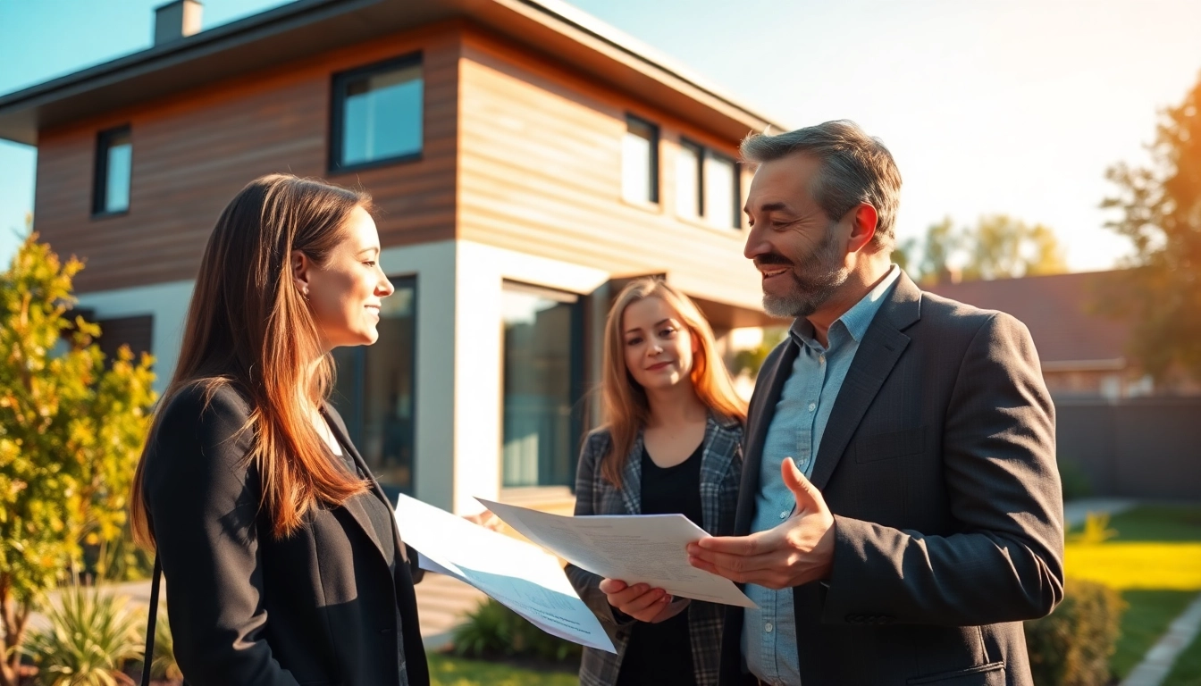 Makler Grevenbroich guiding clients in front of a contemporary home to ensure a successful property sale.