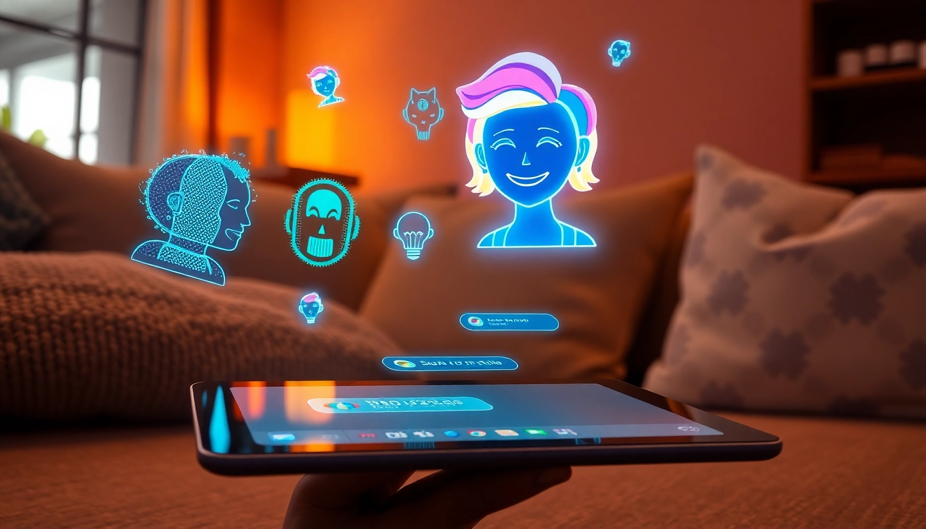 Futuristic chat interface with diverse AI avatars on a tablet in a cozy modern room.