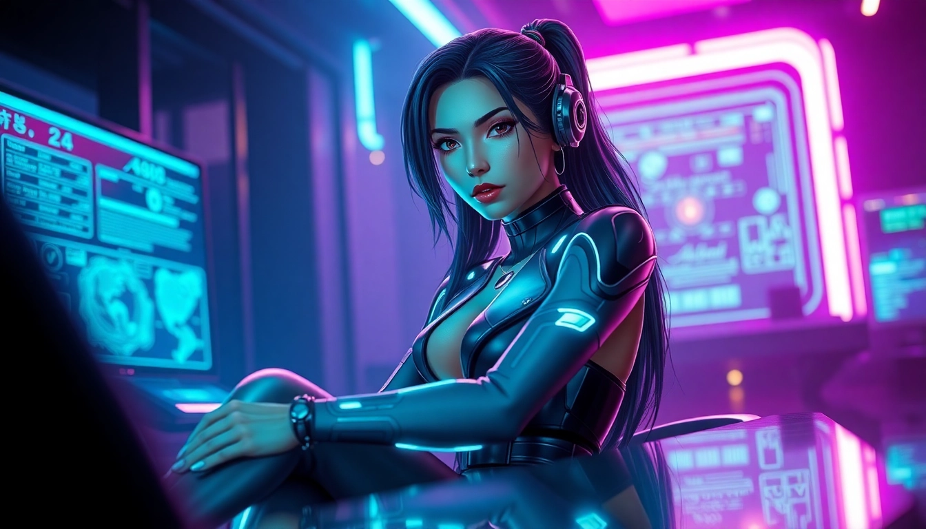 Futuristic female AI character in a neon-lit cyber environment with holographic interfaces and glowing accents.