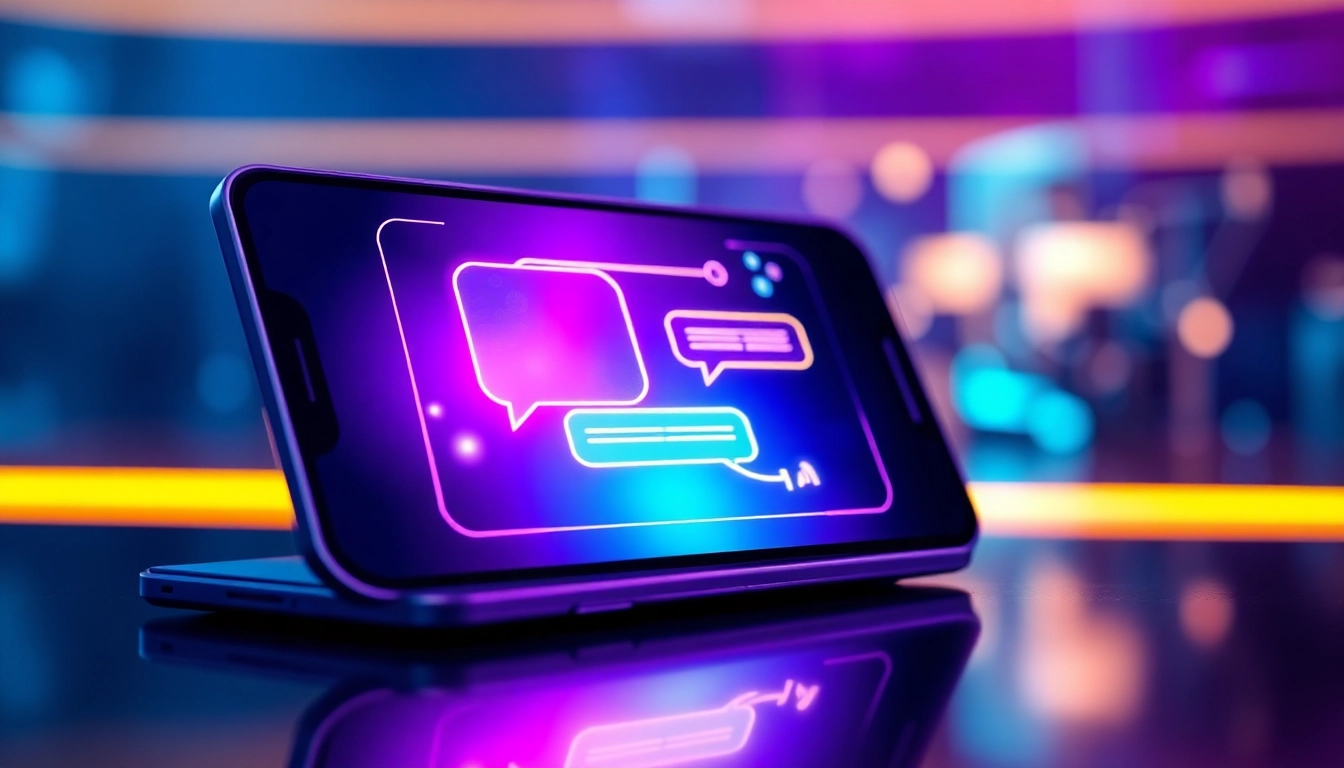 Futuristic digital chat interface on a sleek device with neon accents and holographic elements, representing advanced AI conversation technology.