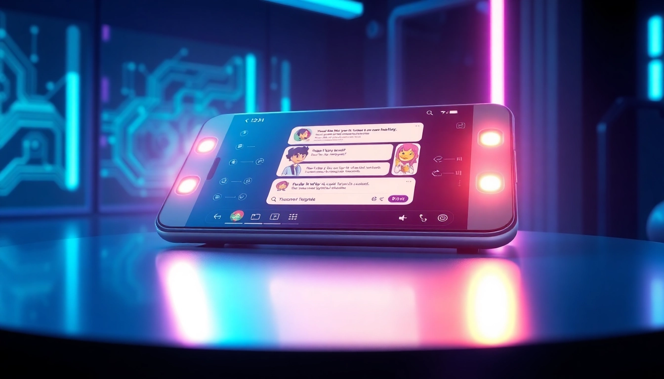 Futuristic AI chatbot interface on a sleek device with glowing accents and animated characters in a high-tech environment.