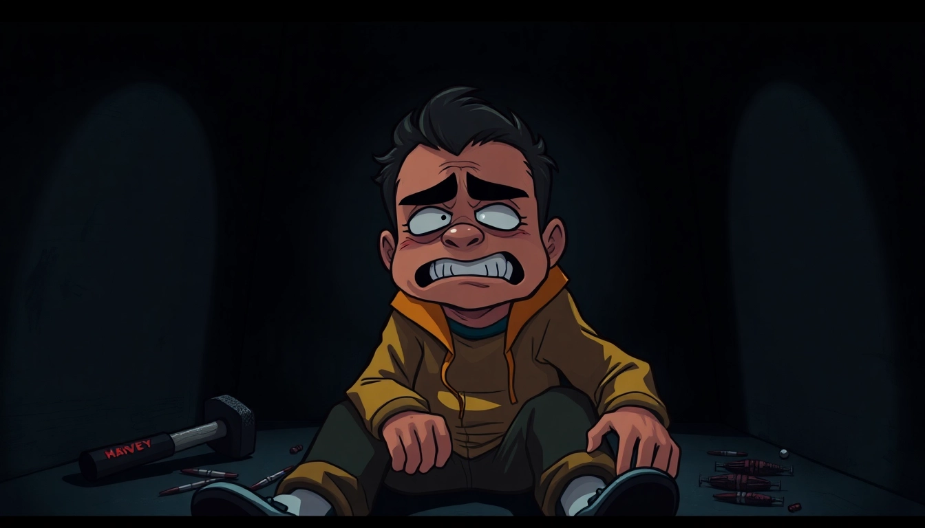 A distressed cartoon character named Harvey suffering in a dark room with violent tools nearby.