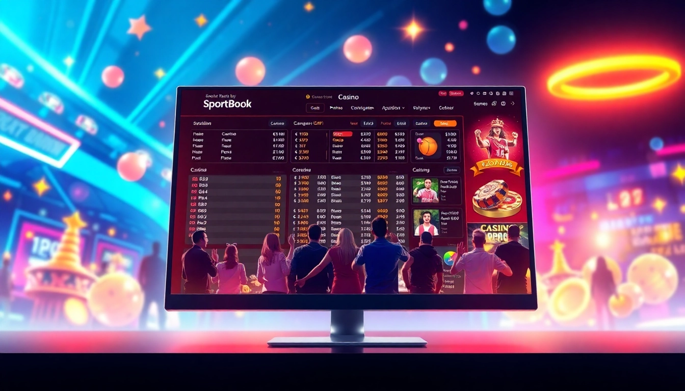 An illustration of a modern online sportsbook and casino platform with vibrant neon colors and excited users interacting with the interface.