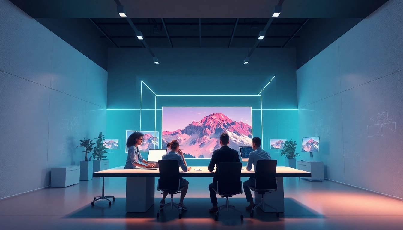 Futuristic workspace with holographic image editing interface and creative professionals