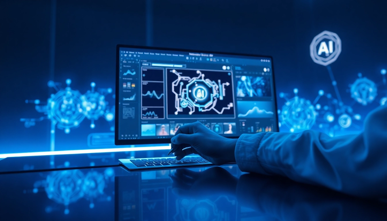 A futuristic workspace with an AI-powered image editing interface glowing with blue and white lights, highlighting advanced technology and innovation.