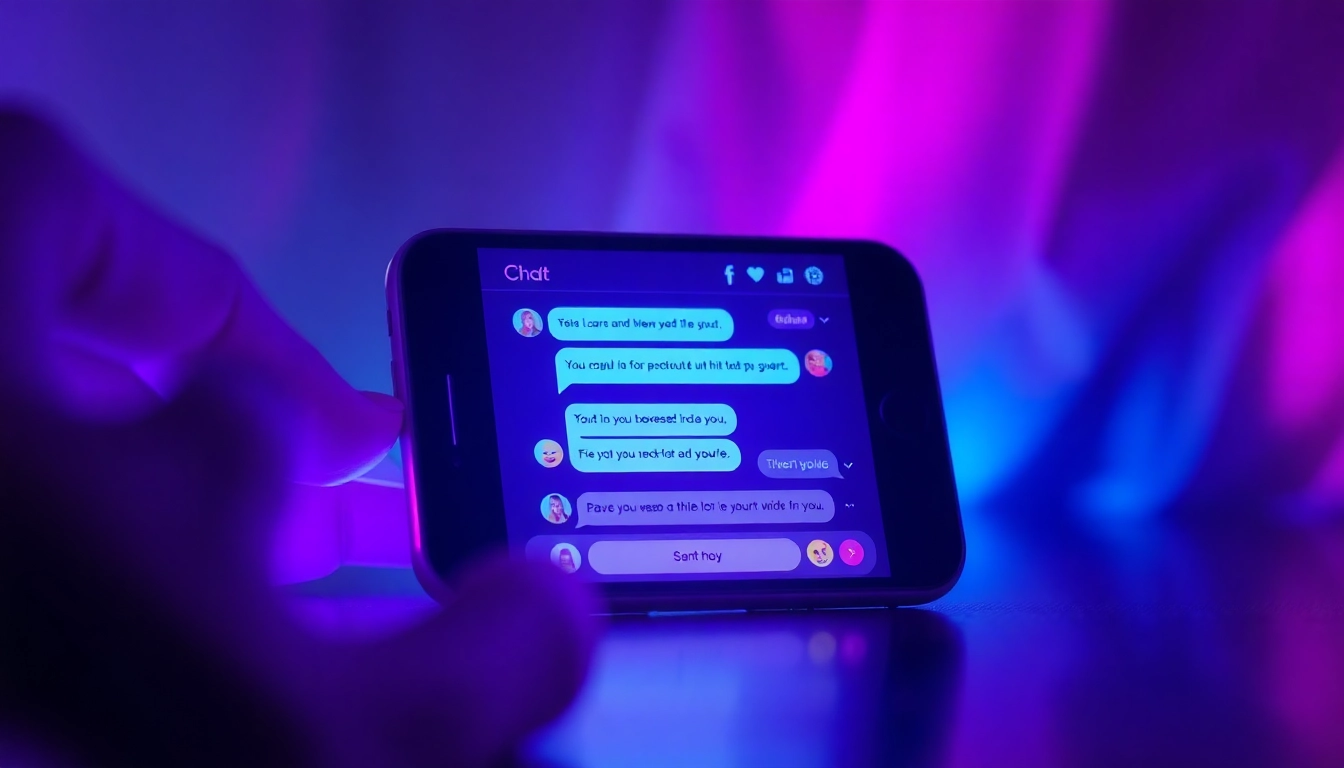 Close-up of a smartphone screen showing a suggestive chat conversation with neon accents and a dark background.