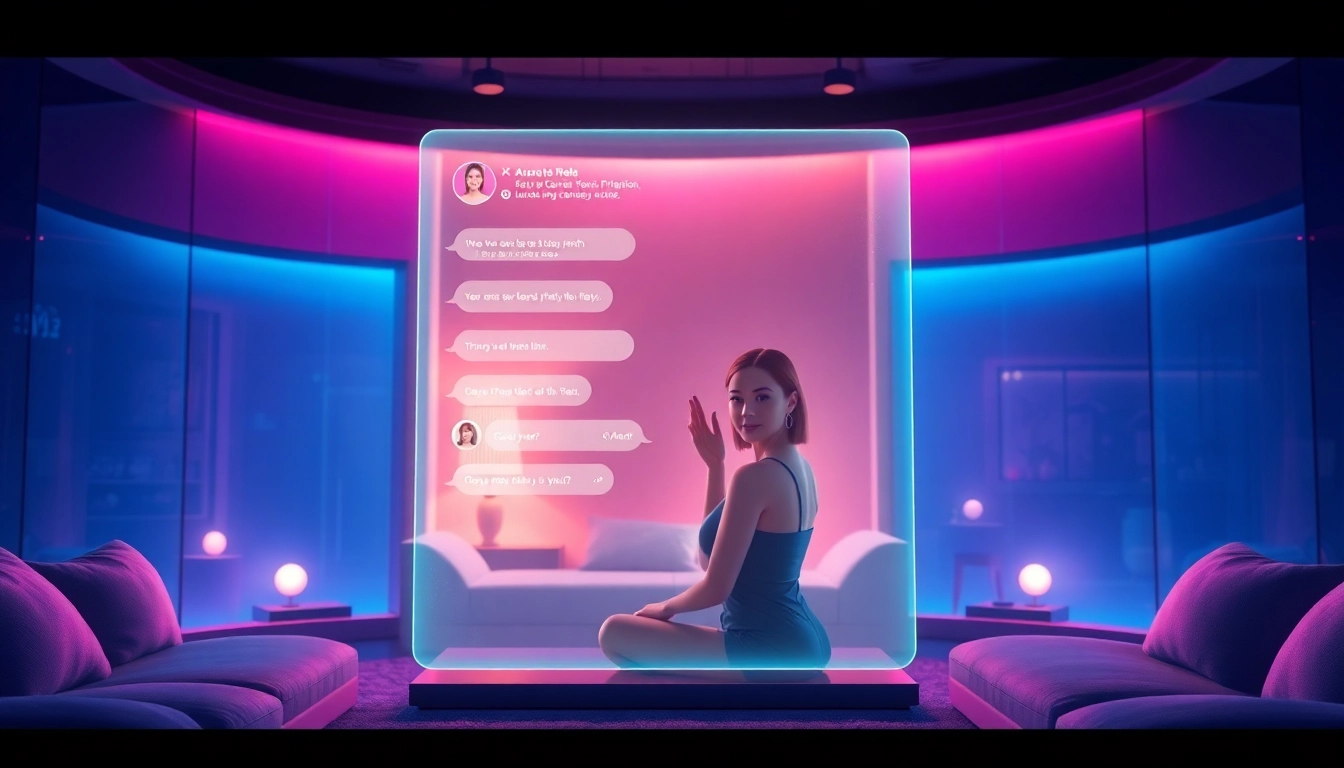 An advanced holographic chat interface with a digital female avatar in a cozy, futuristic room, glowing with blue and pink lights.