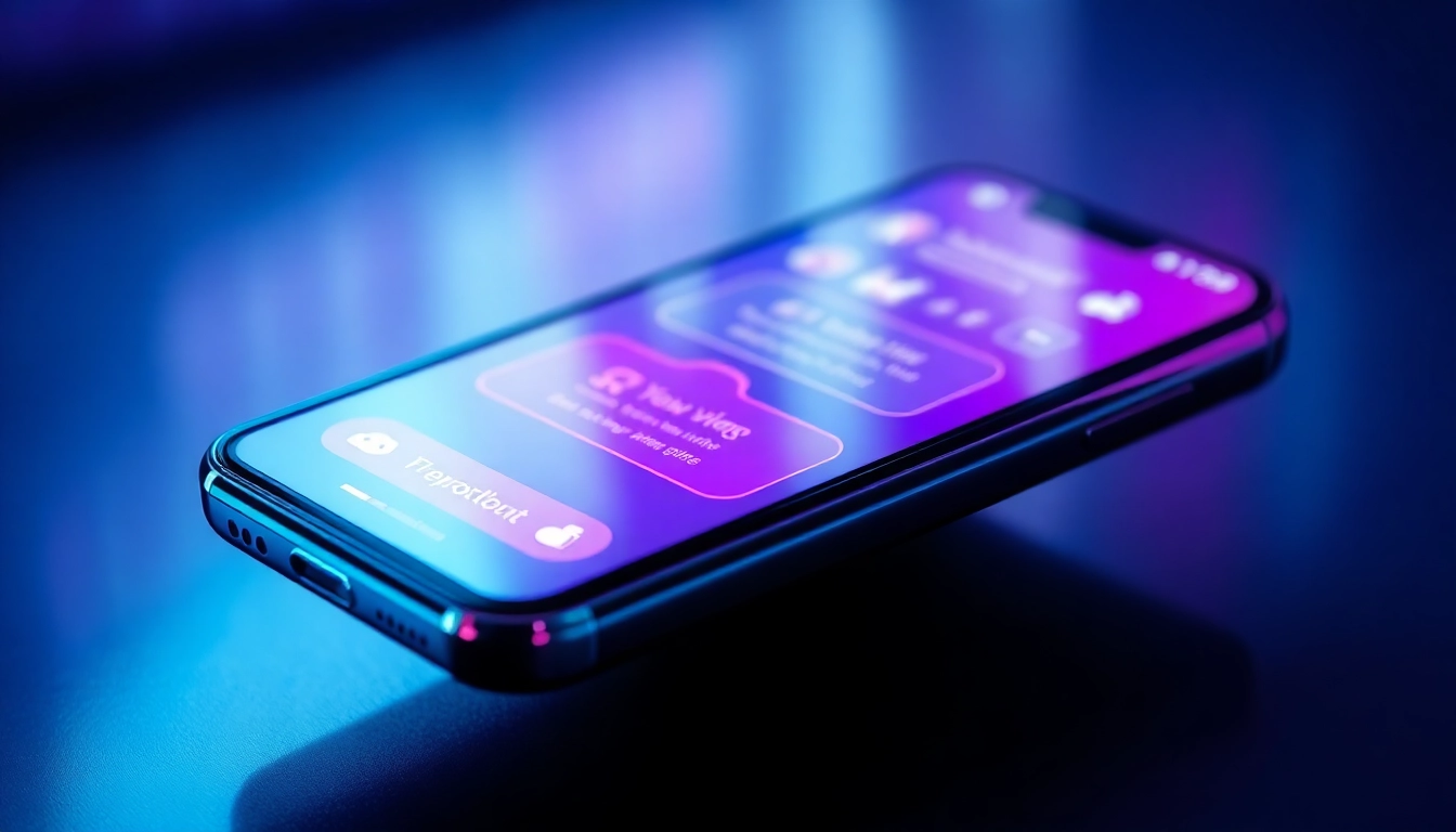 Close-up of a smartphone displaying a futuristic AI chatbot interface with neon colors and animated avatars.