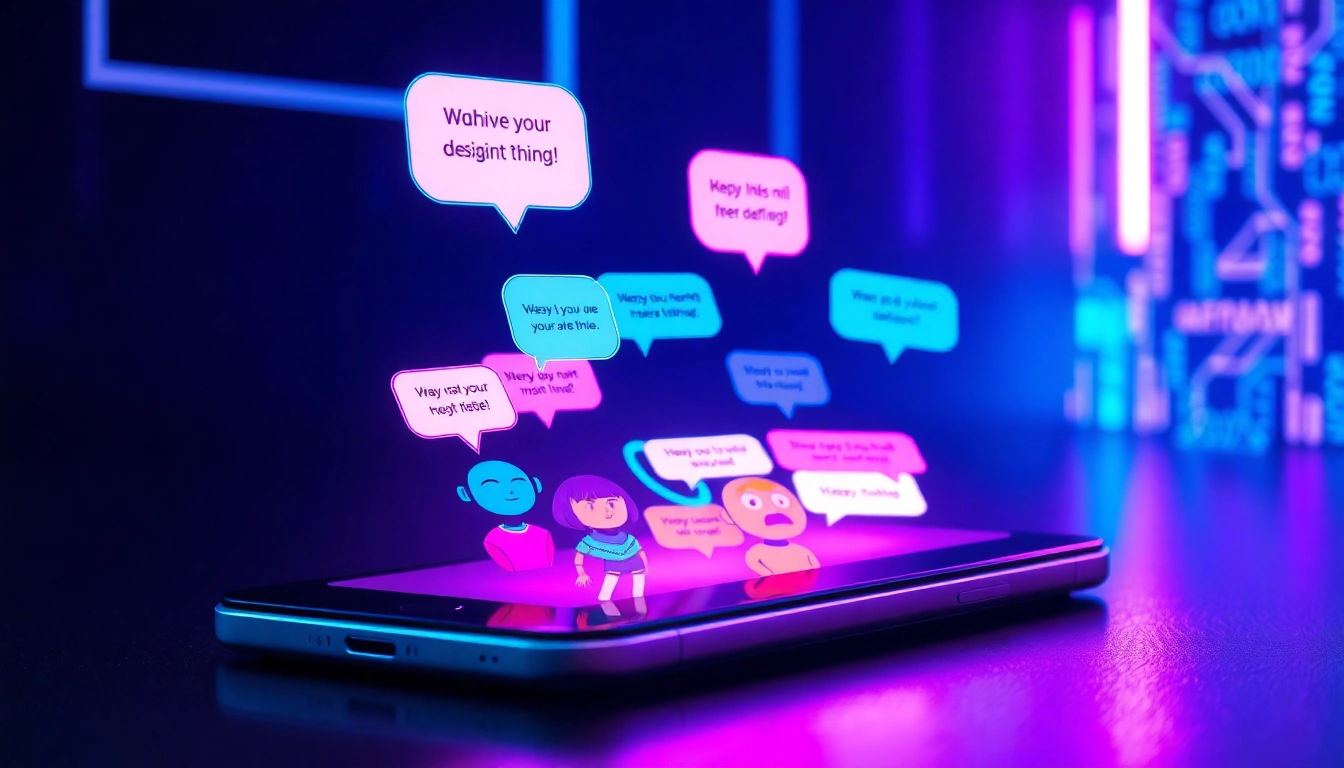 Futuristic AI chat interface on a smartphone with colorful characters and glowing speech bubbles, set against a neon-lit digital background.