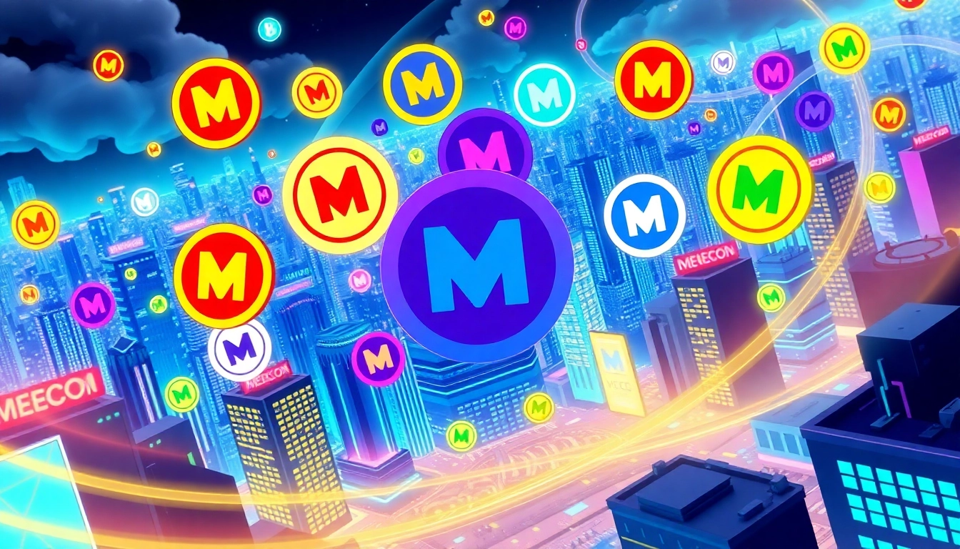Dynamic scene showing memecoin logos in action, capturing the energetic and viral nature of