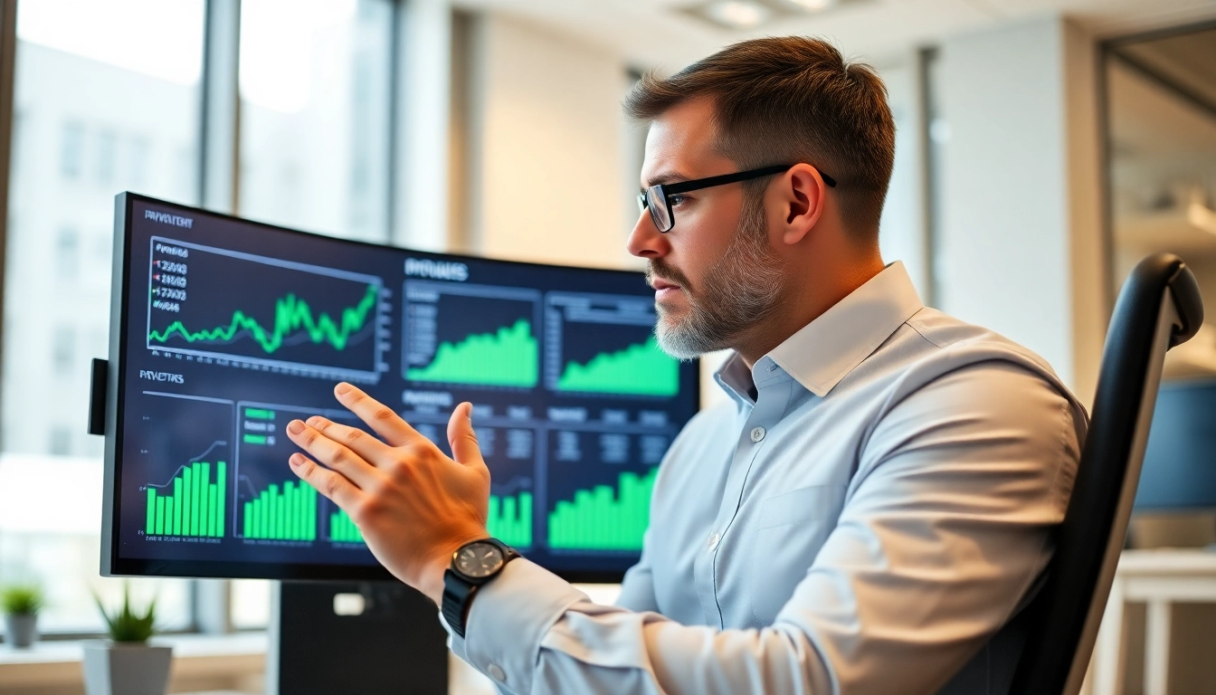 Financial analyst analyzing property investment updates with data charts in a modern office setting