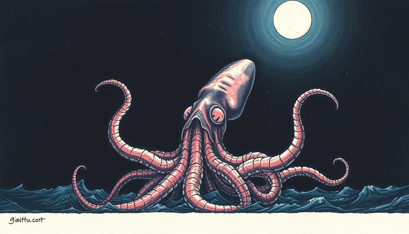 Ancient kraken depicted attacking a ship in stormy sea with massive tentacles and glowing eyes