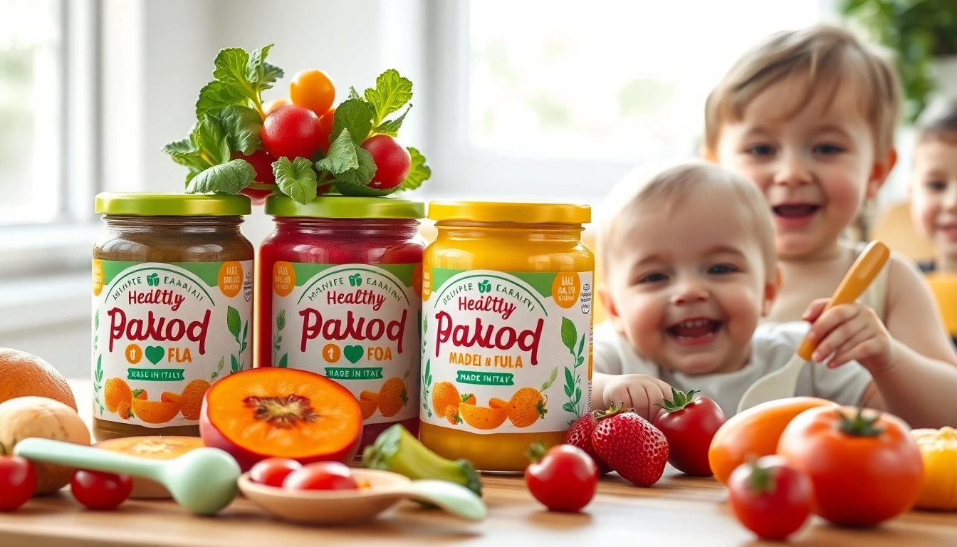 Healthy baby food Made in Italy in natural setting with colorful jars and smiling infants for