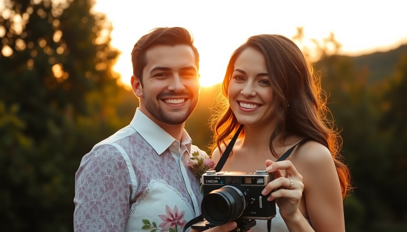 Professional team capturing natural moments during eskuvo fotozas at a scenic outdoor location