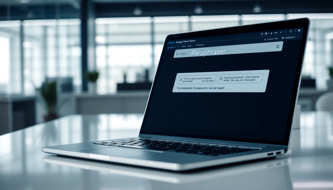 Professional paraphraser tool in use on a laptop, illustrating natural language rewriting for